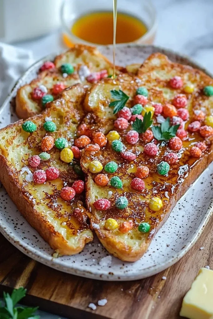 Crunchy French toast with Fruity Pebbles cereal on top