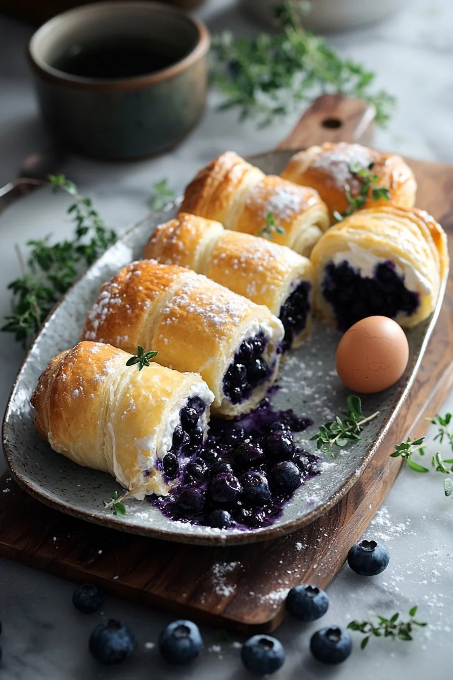 Decadent blueberry cheesecake rolls topped with fresh blueberries and creamy filling