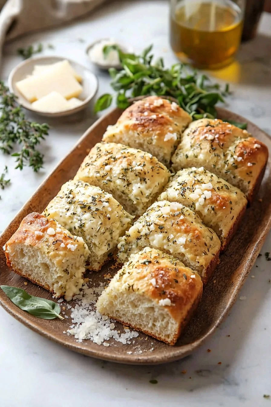 Freshly baked Italian Herb Cheese Bread topped with herbs and cheese