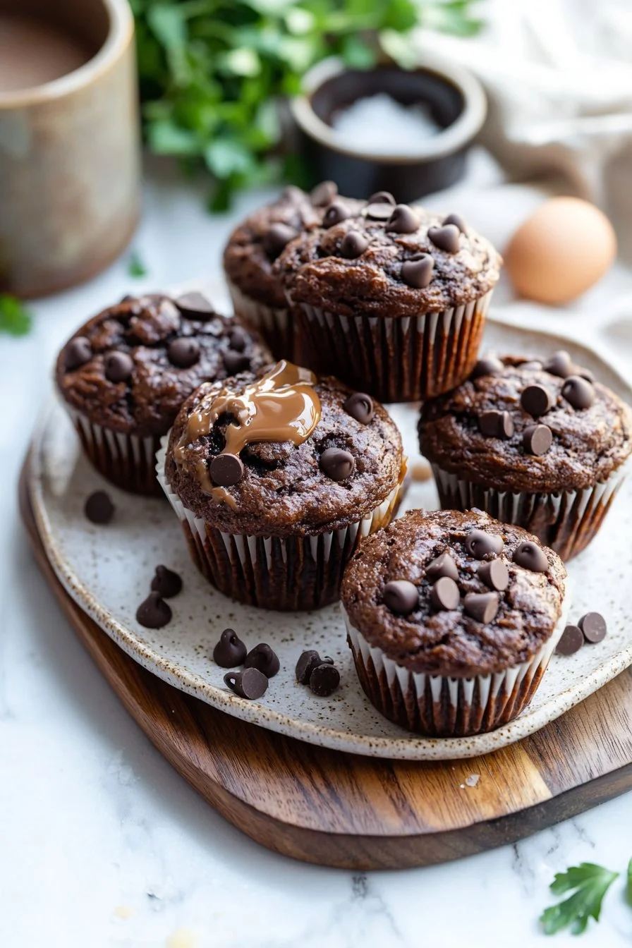 Delicious double chocolate espresso muffins on a wooden table