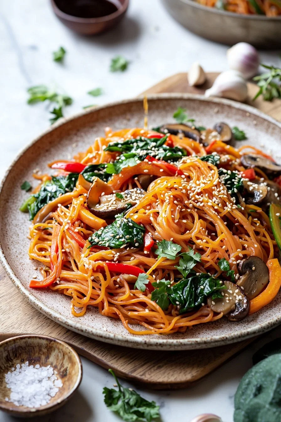 Colorful bowl of easy 25-minute Japchae made with stir-fried glass noodles and vegetables.