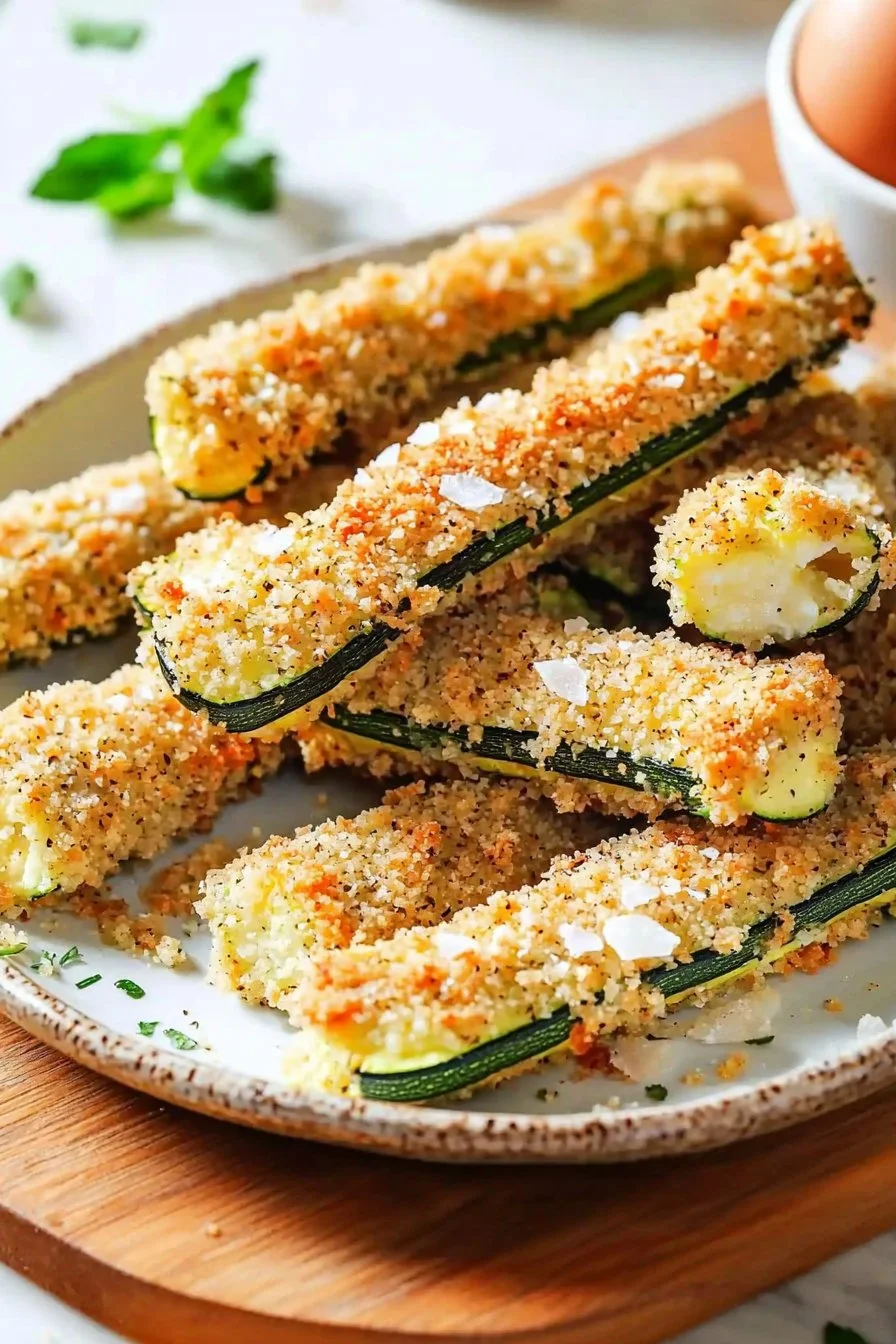 Delicious easy baked zucchini sticks on a plate with dipping sauce