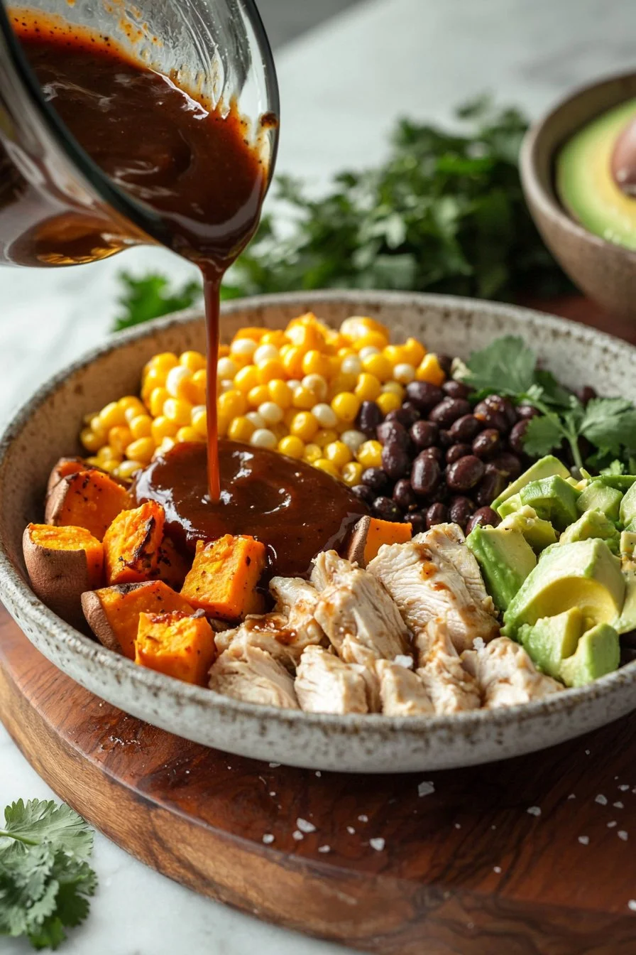 Easy BBQ chicken bowls with sweet potatoes garnished for a tasty meal