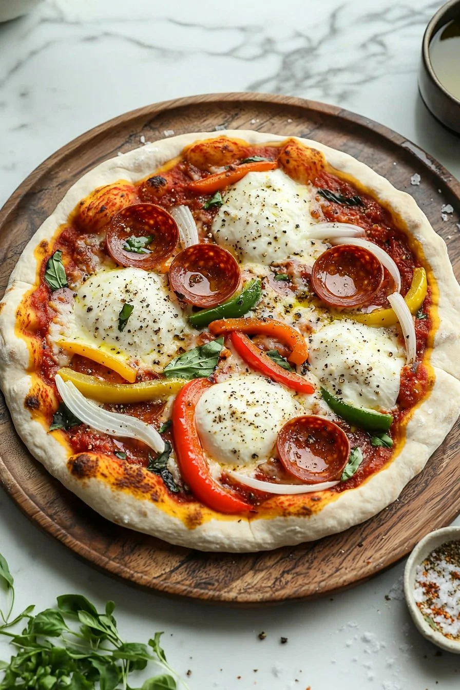 Cooking Blackstone pizza on a griddle with fresh toppings.