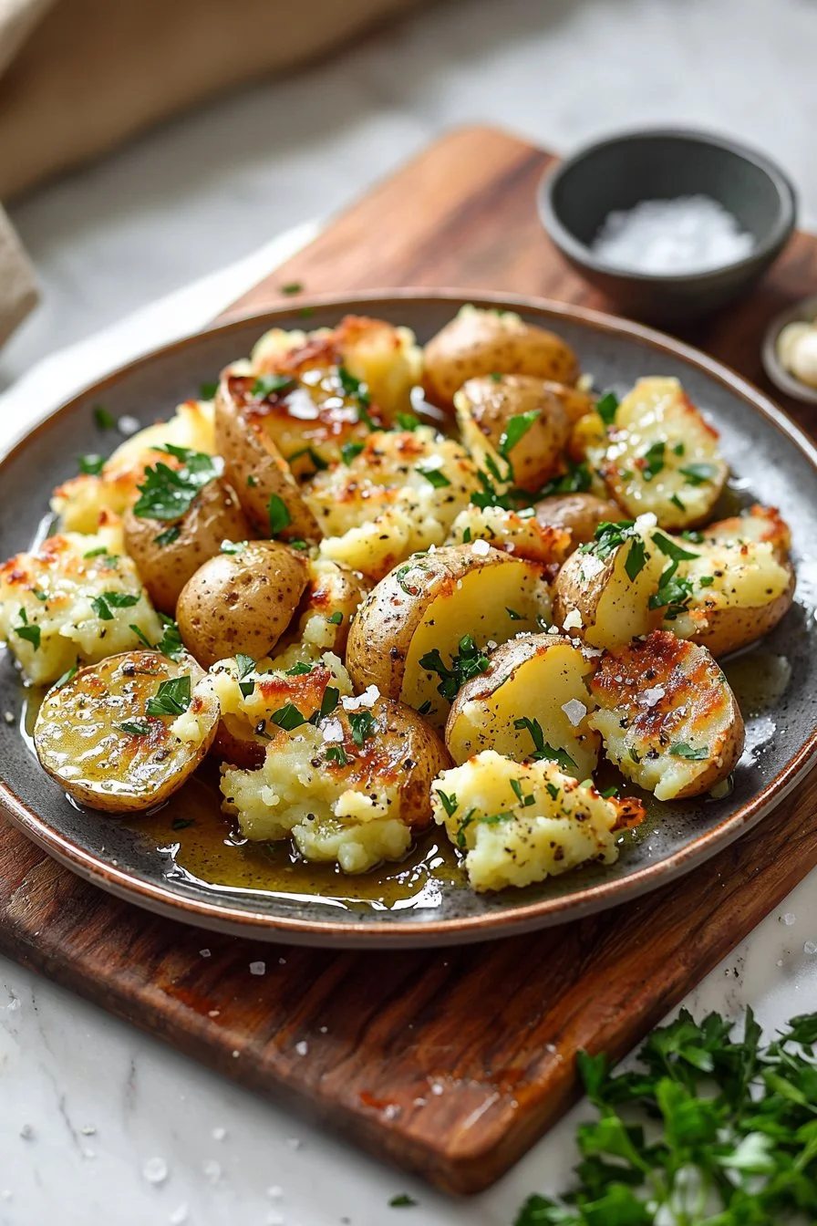 Delicious Blackstone smashed potatoes with crispy edges and golden brown texture