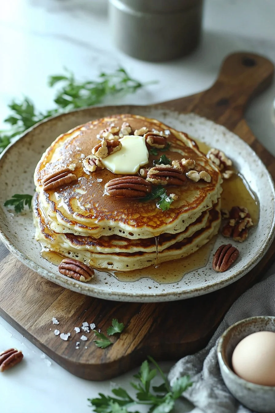 Delicious stack of easy butter pecan pancakes topped with nuts and syrup