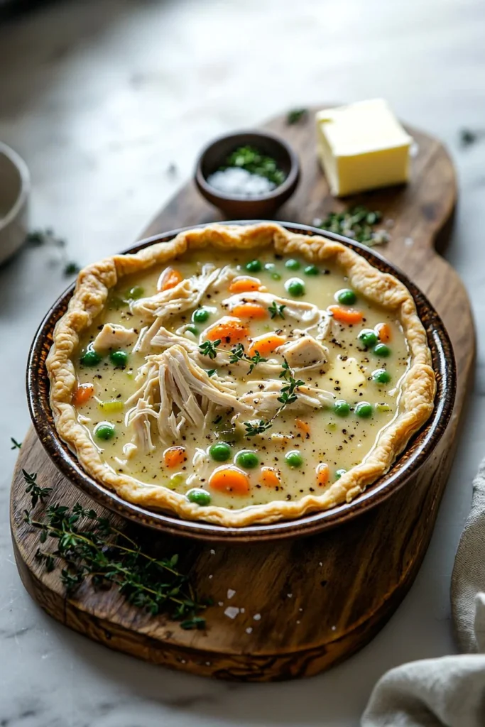 Bowl of easy chicken pot pie soup topped with herbs and biscuits