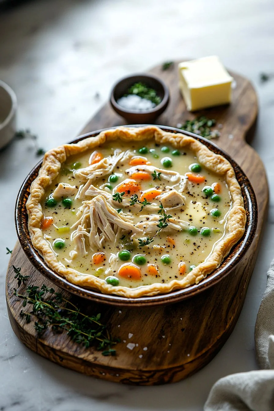 Bowl of easy chicken pot pie soup topped with herbs and biscuits