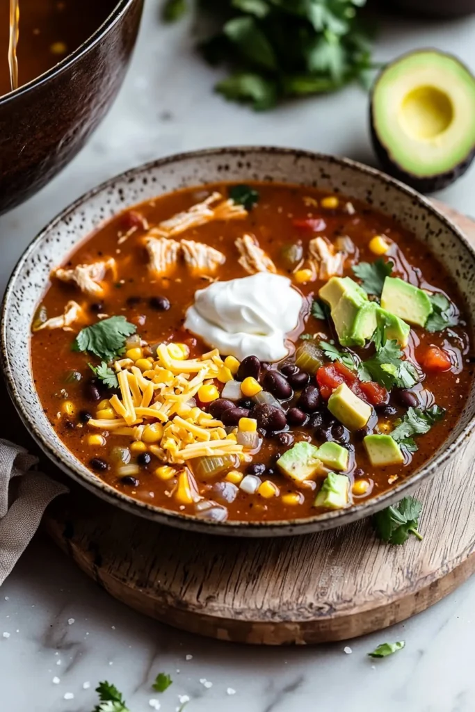Bowl of easy chicken taco soup topped with avocado and cilantro