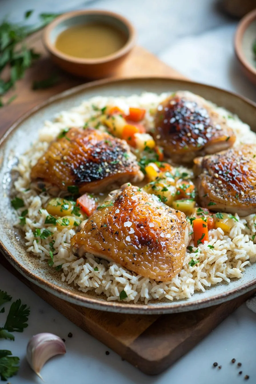 Delicious easy chicken thighs served over rice, a perfect one-pan meal.