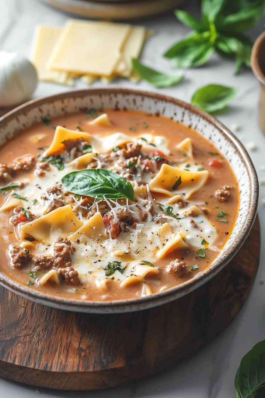 Bowl of easy creamy lasagna soup topped with cheese and herbs