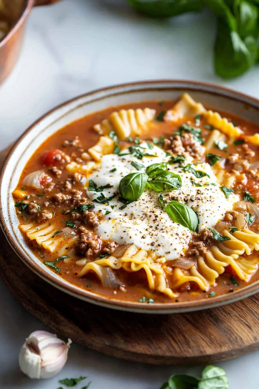 Delicious bowl of Easy Creamy Lasagna Soup with cheese and herbs