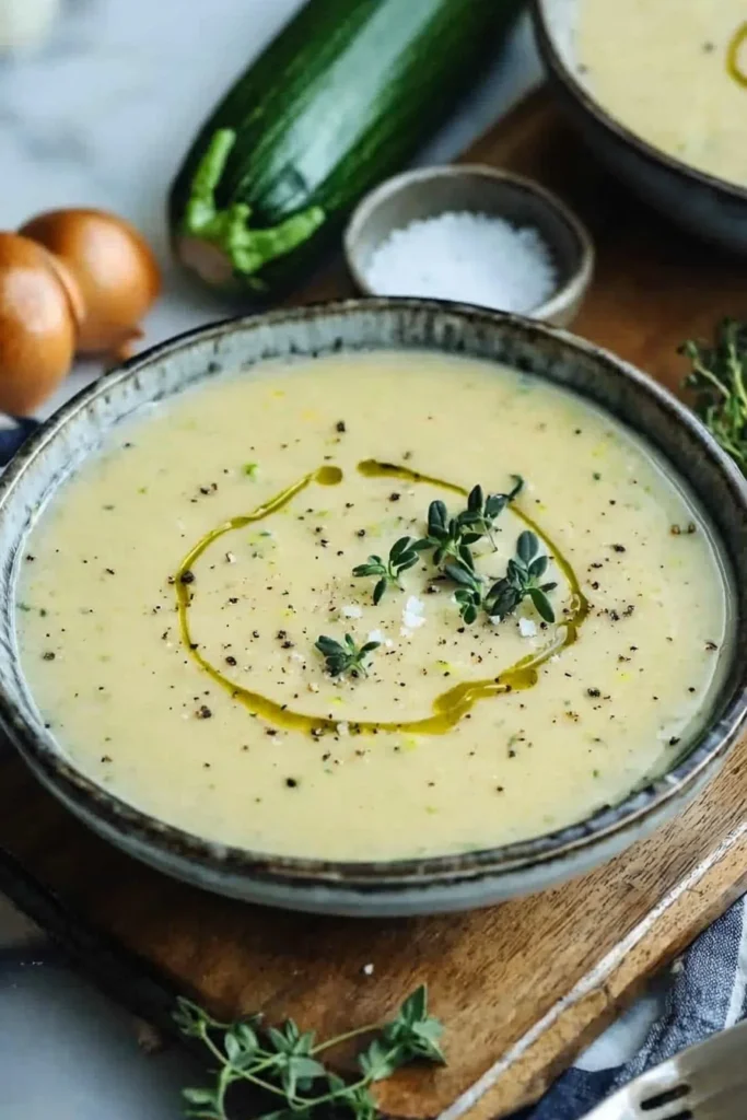 Bowl of easy creamy zucchini soup garnished with herbs and served warm