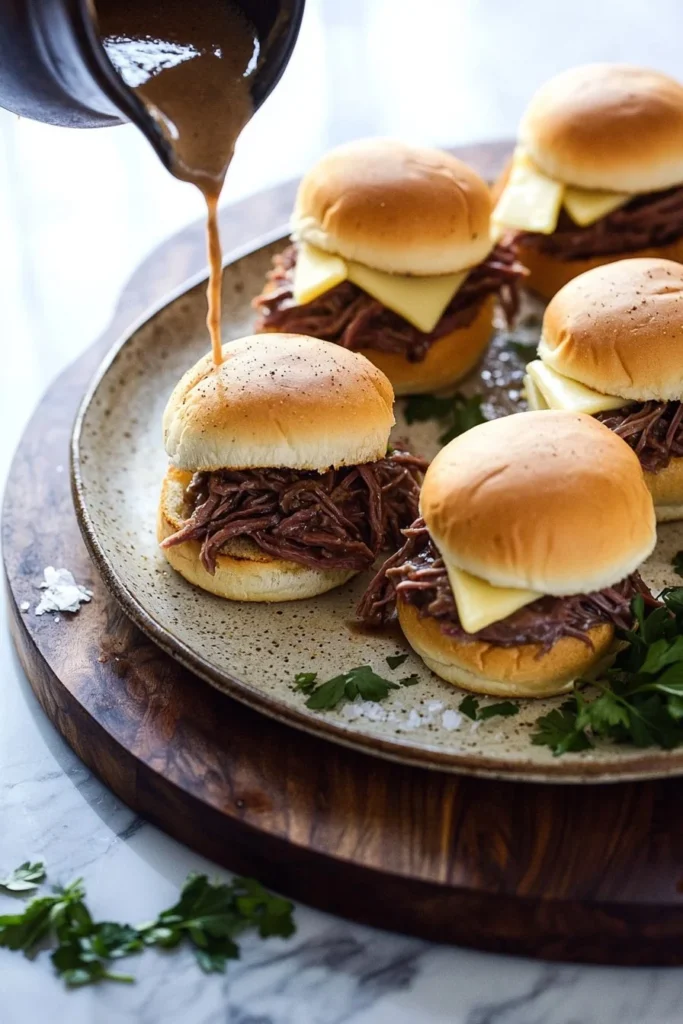 Delicious easy French Dip Sliders served with au jus for dipping.