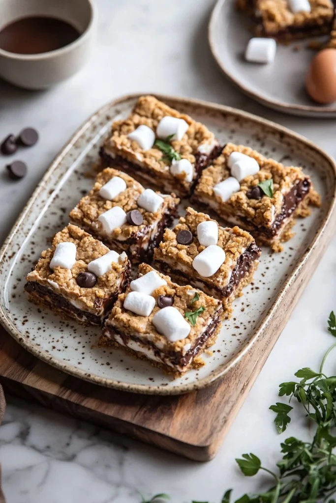 Delicious layered s'mores cookie bars with chocolate, marshmallows, and graham crackers.