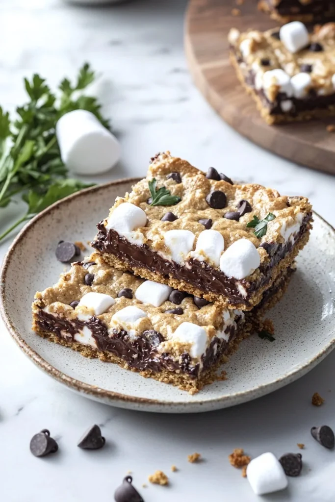 Delicious and easy layered s'mores cookie bars with chocolate and marshmallows