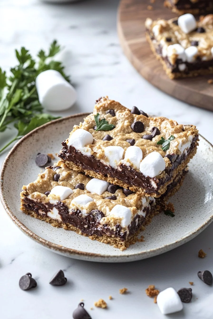 Delicious and easy layered s'mores cookie bars with chocolate and marshmallows