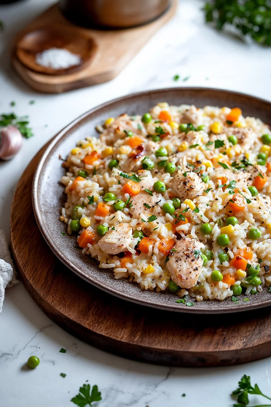 Easy one pan chicken and rice casserole dish ready to serve