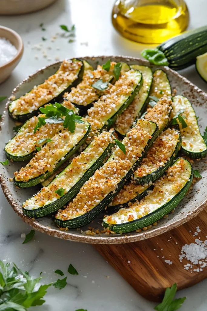 Golden crispy Parmesan Zucchini Fries served on a plate