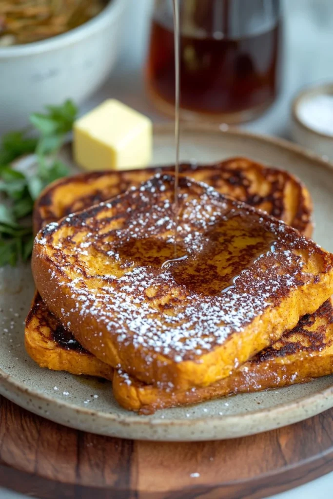 Delicious easy pumpkin French toast topped with syrup and spices.