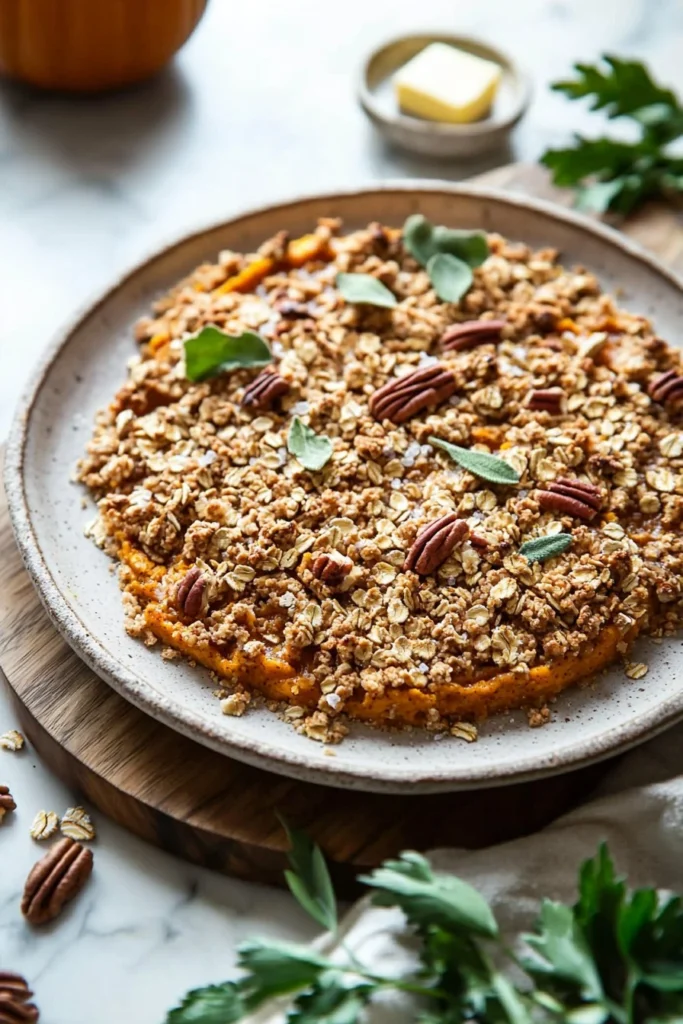 Delicious easy pumpkin pie crisp topped with whipped cream and spices