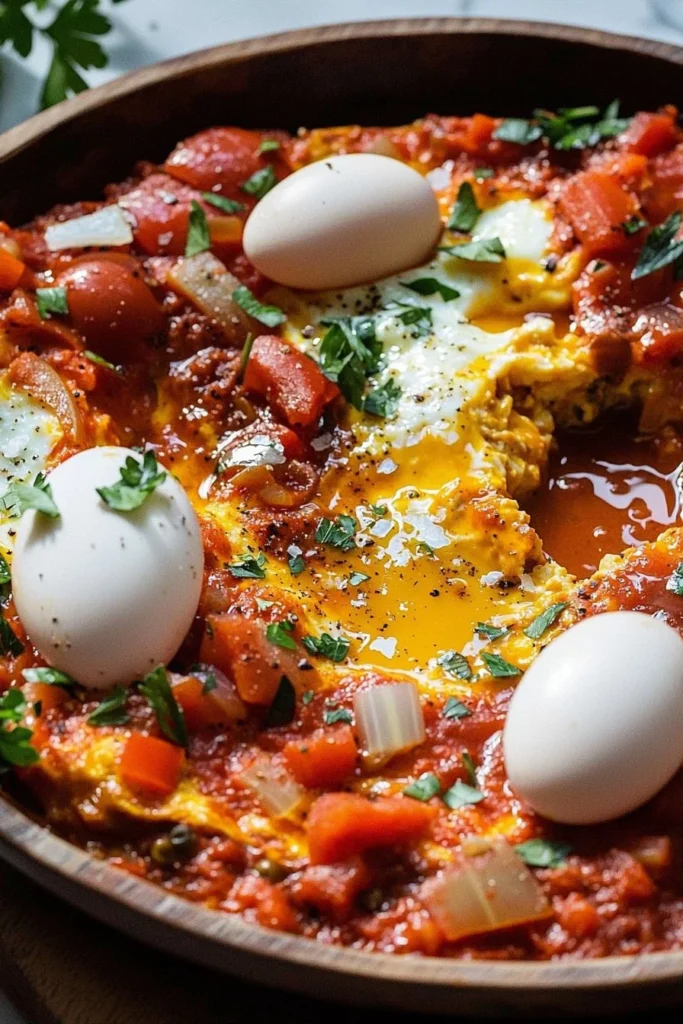 A delicious plate of easy Shakshuka with poached eggs and vibrant sauce