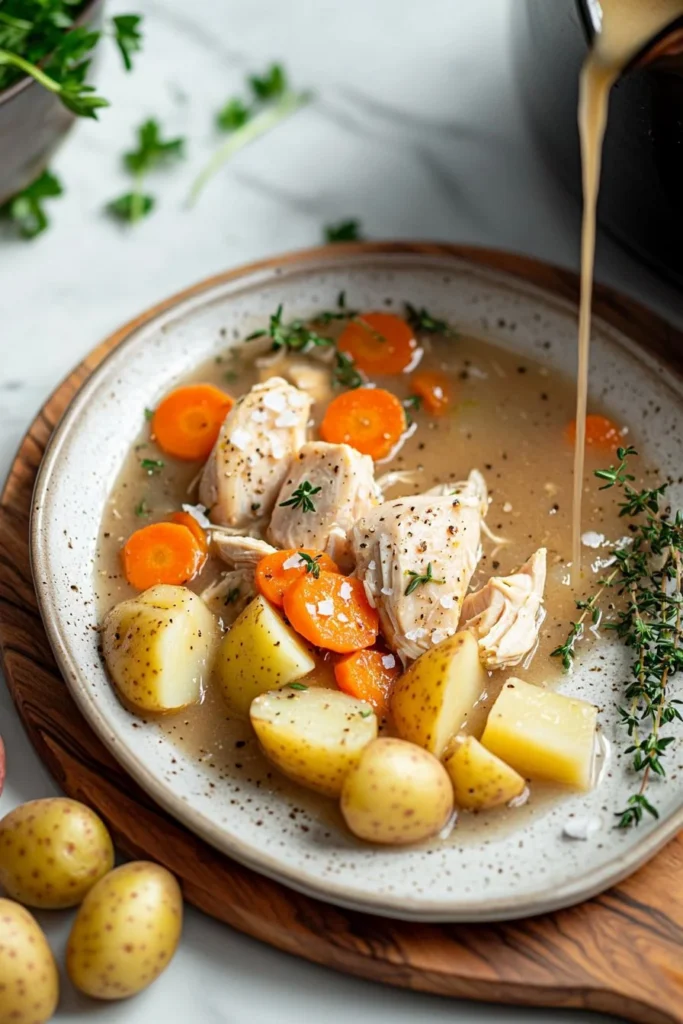 Bowl of easy slow cooker chicken stew with vegetables and herbs
