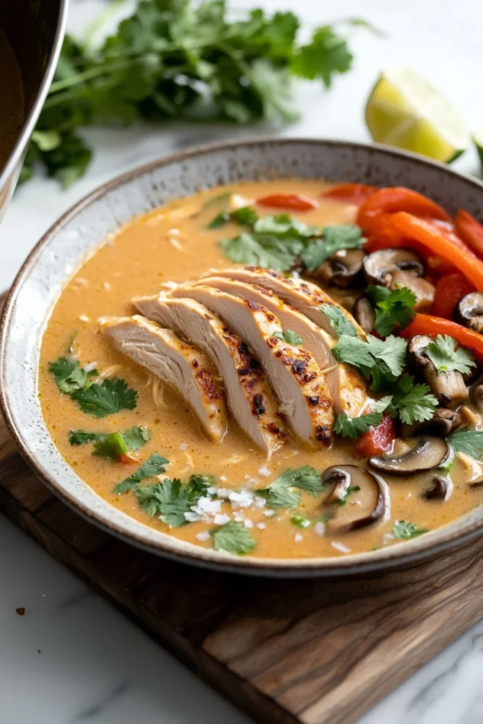 Bowl of easy Thai chicken soup with herbs and spices