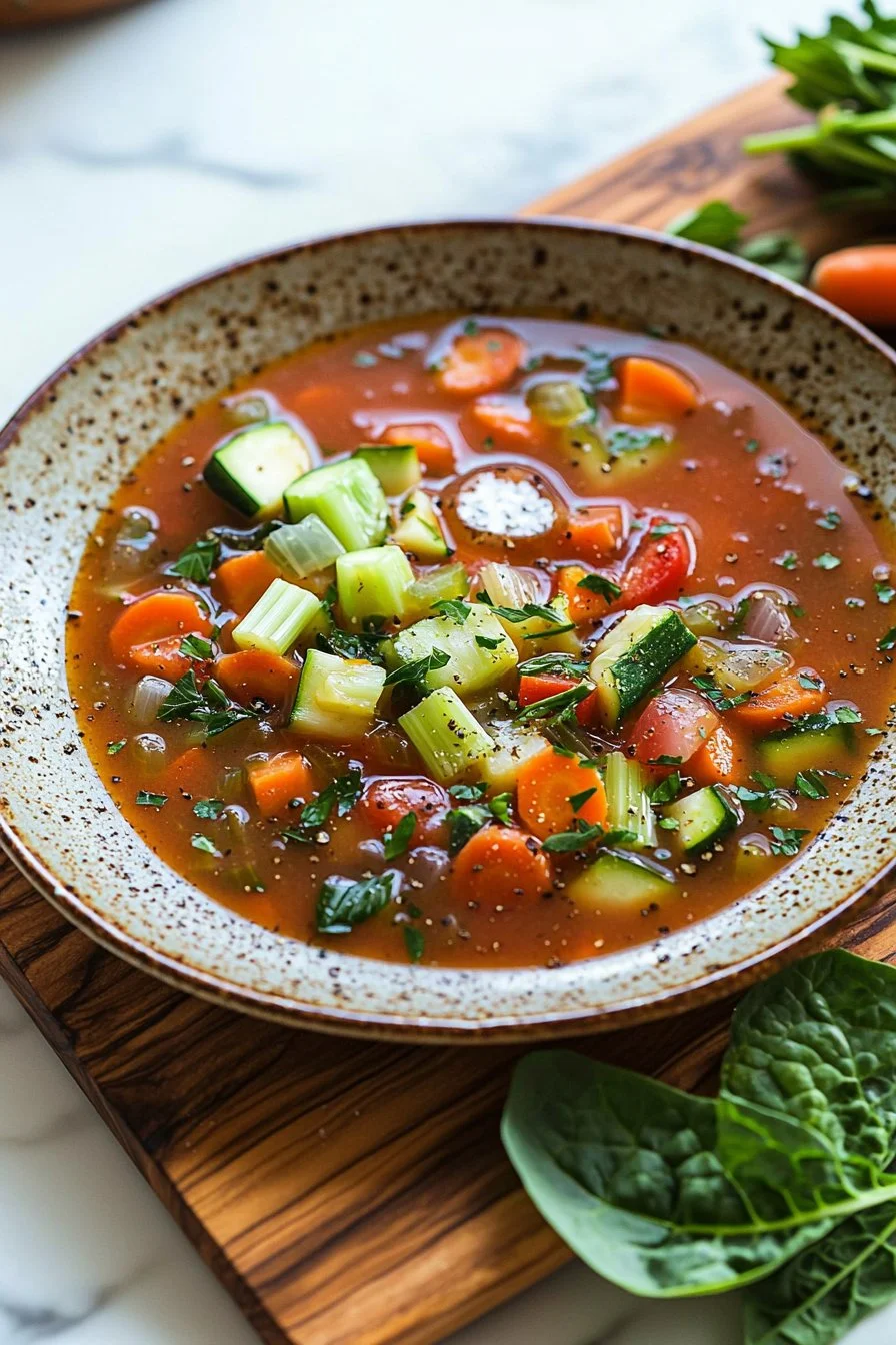 Bowl of easy vegetable soup with fresh ingredients and herbs