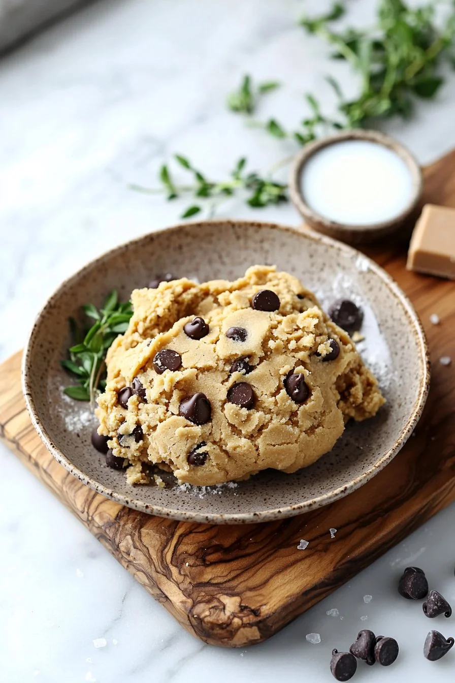 Bowl of homemade edible cookie dough with chocolate chips and a spoon