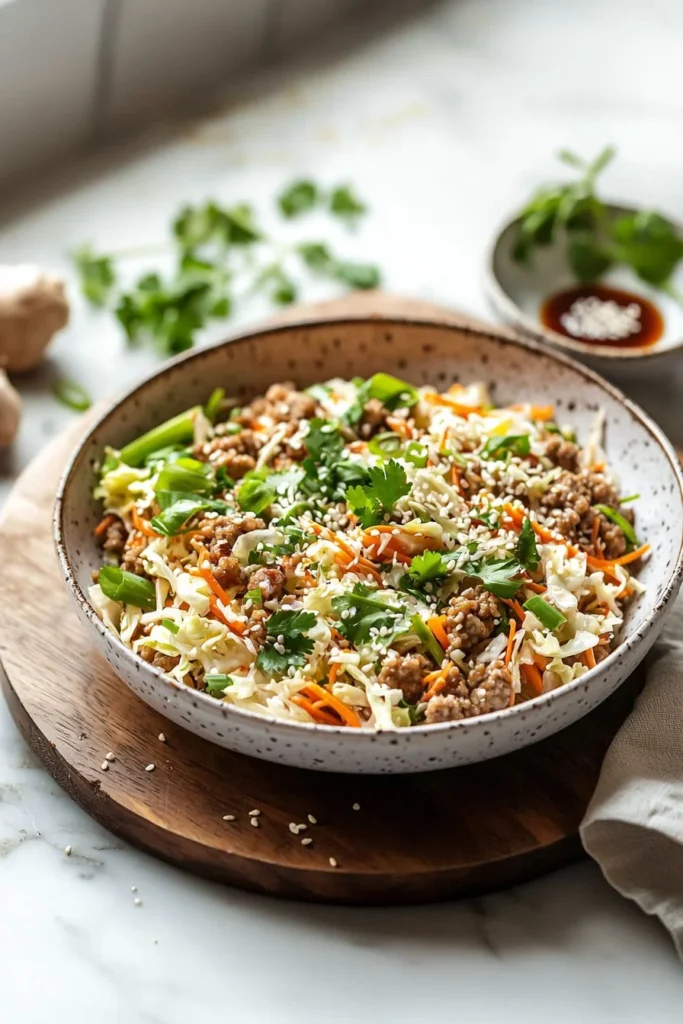 Delicious egg roll in a bowl with fresh vegetables and savory sauce