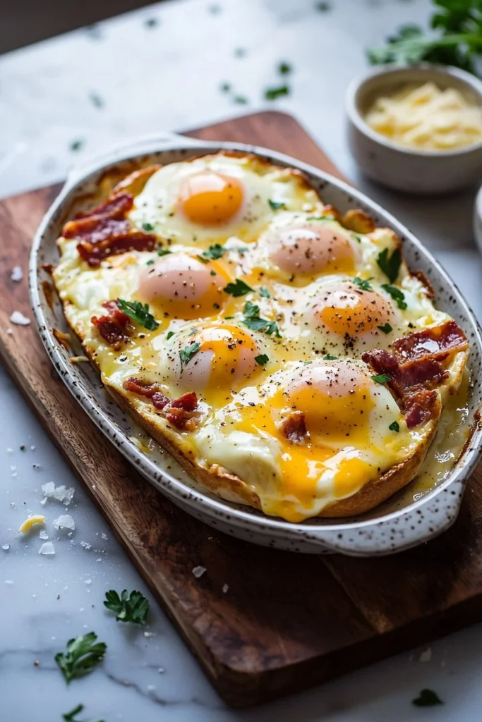 A delicious baked Eggs Benedict Casserole topped with creamy hollandaise sauce.