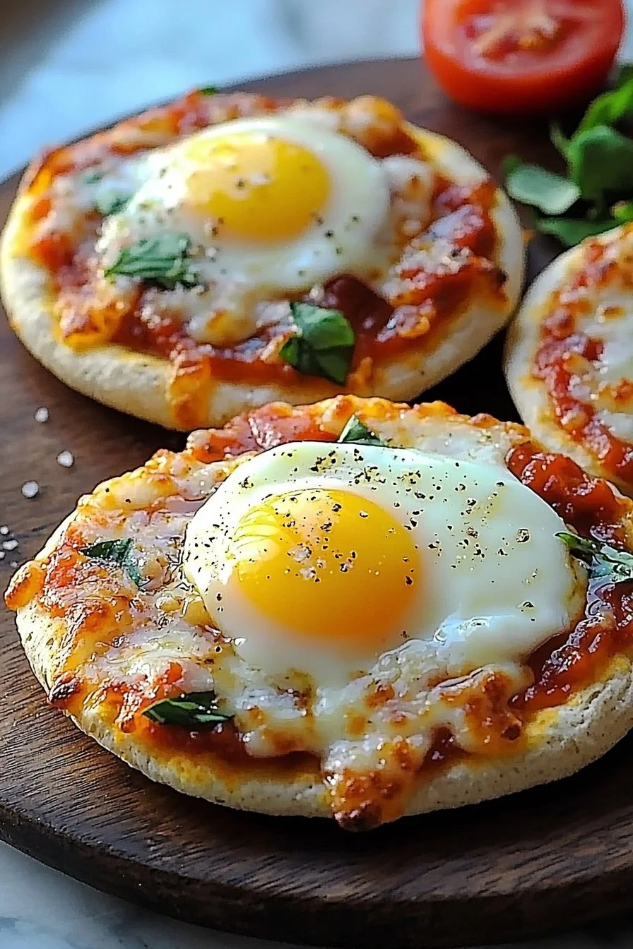 Delicious English Muffin Breakfast Pizza topped with eggs and cheese