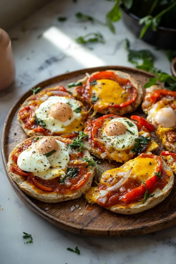 Delicious English Muffin Breakfast Pizza with toppings and cheese
