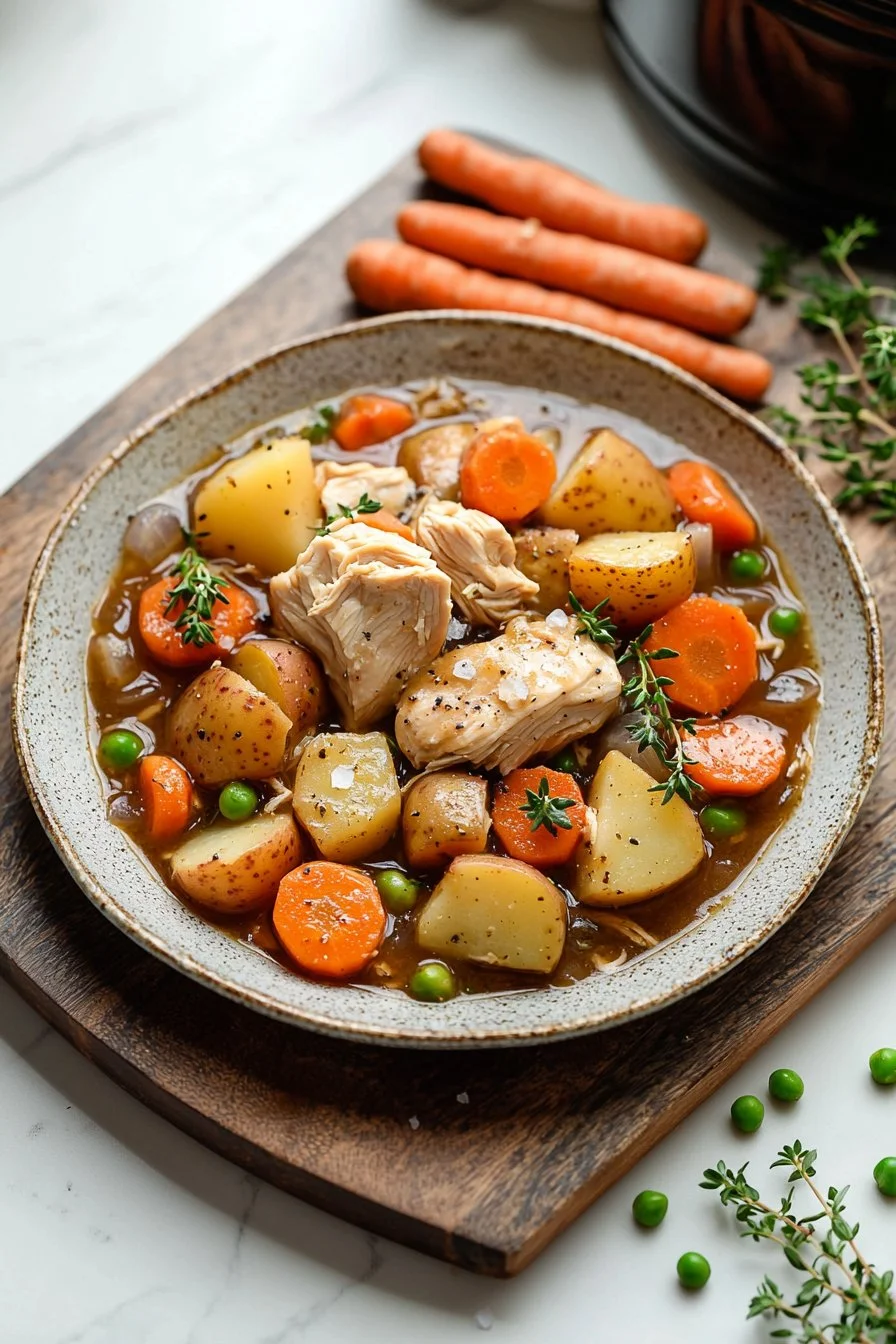 Delicious fall crockpot chicken stew with vegetables and herbs.