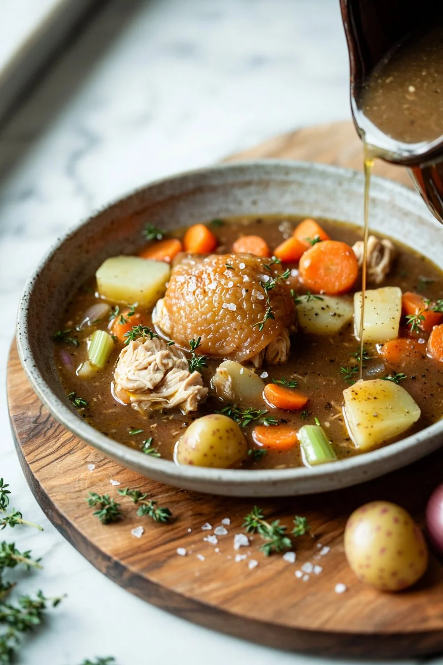 Delicious fall crockpot chicken stew with vegetables and herbs