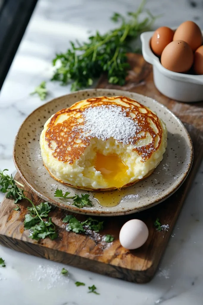 Fluffy Japanese souffle pancake stacked with syrup and berries on a plate