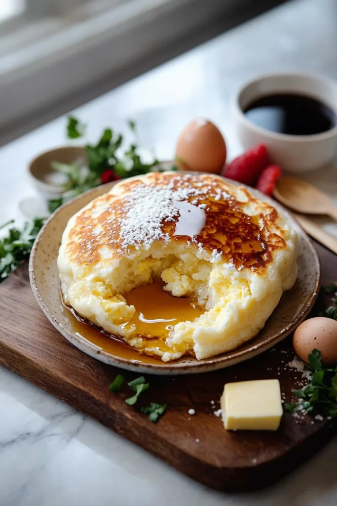 Fluffy and jiggly Japanese souffle pancake served with syrup and berries.