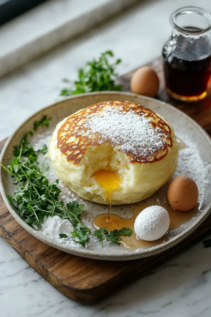 Fluffy Japanese soufflé pancakes stacked and served with syrup and fruit