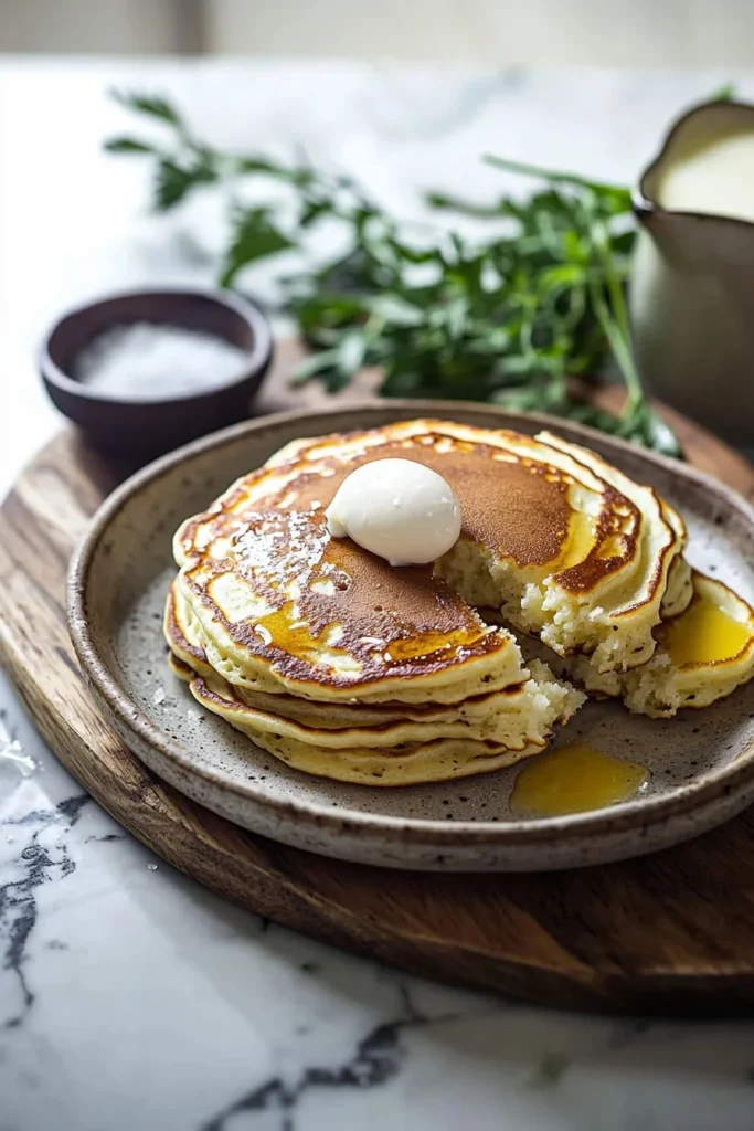 Stack of fluffy pancakes with syrup and berries on a plate
