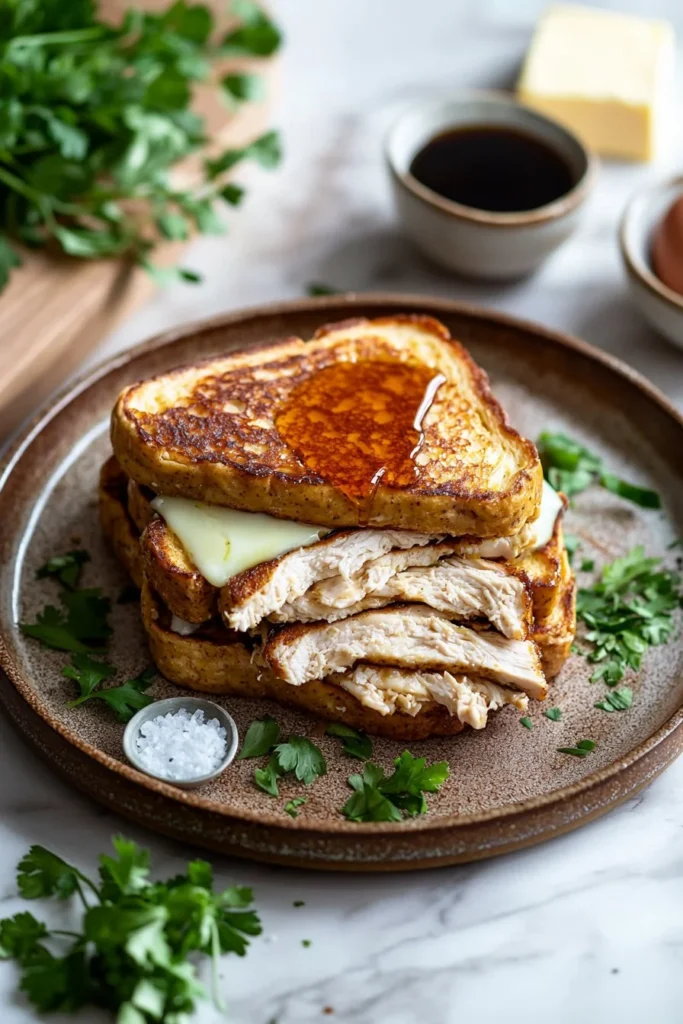 French Toast Chicken Sandwich with crispy chicken and syrup drizzle