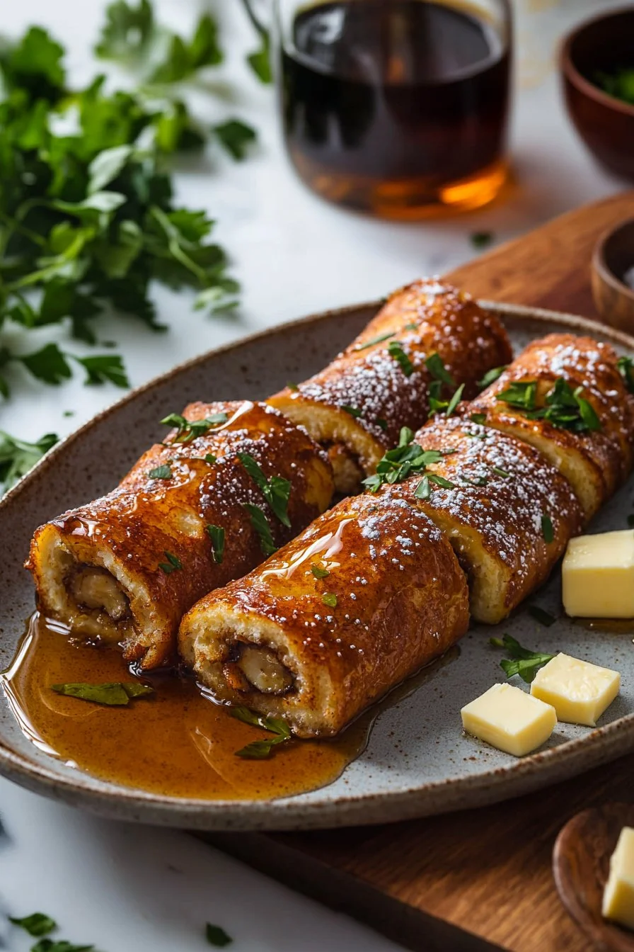 Delicious French Toast Roll-Ups with syrup and berries on a plate