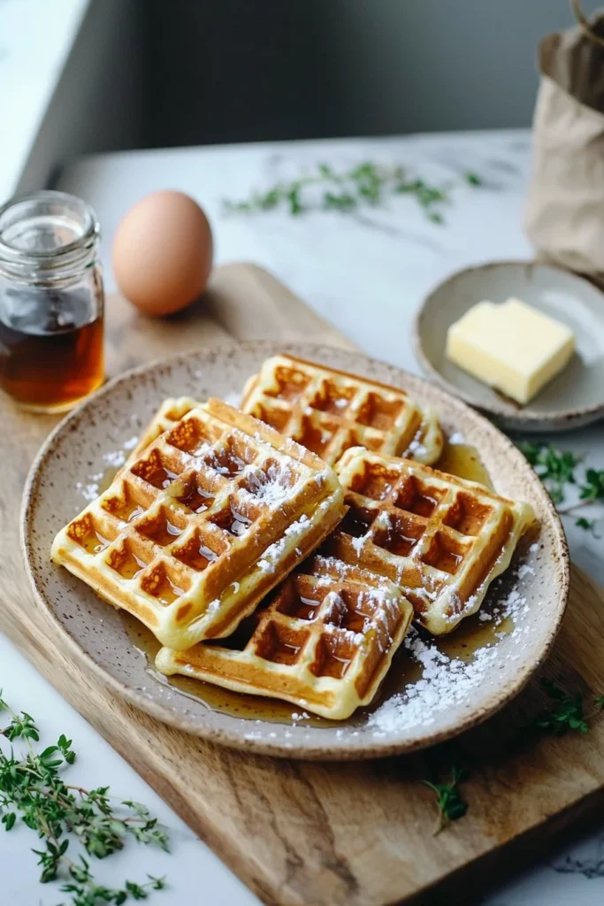 Golden-brown French Toast Waffles topped with syrup and berries
