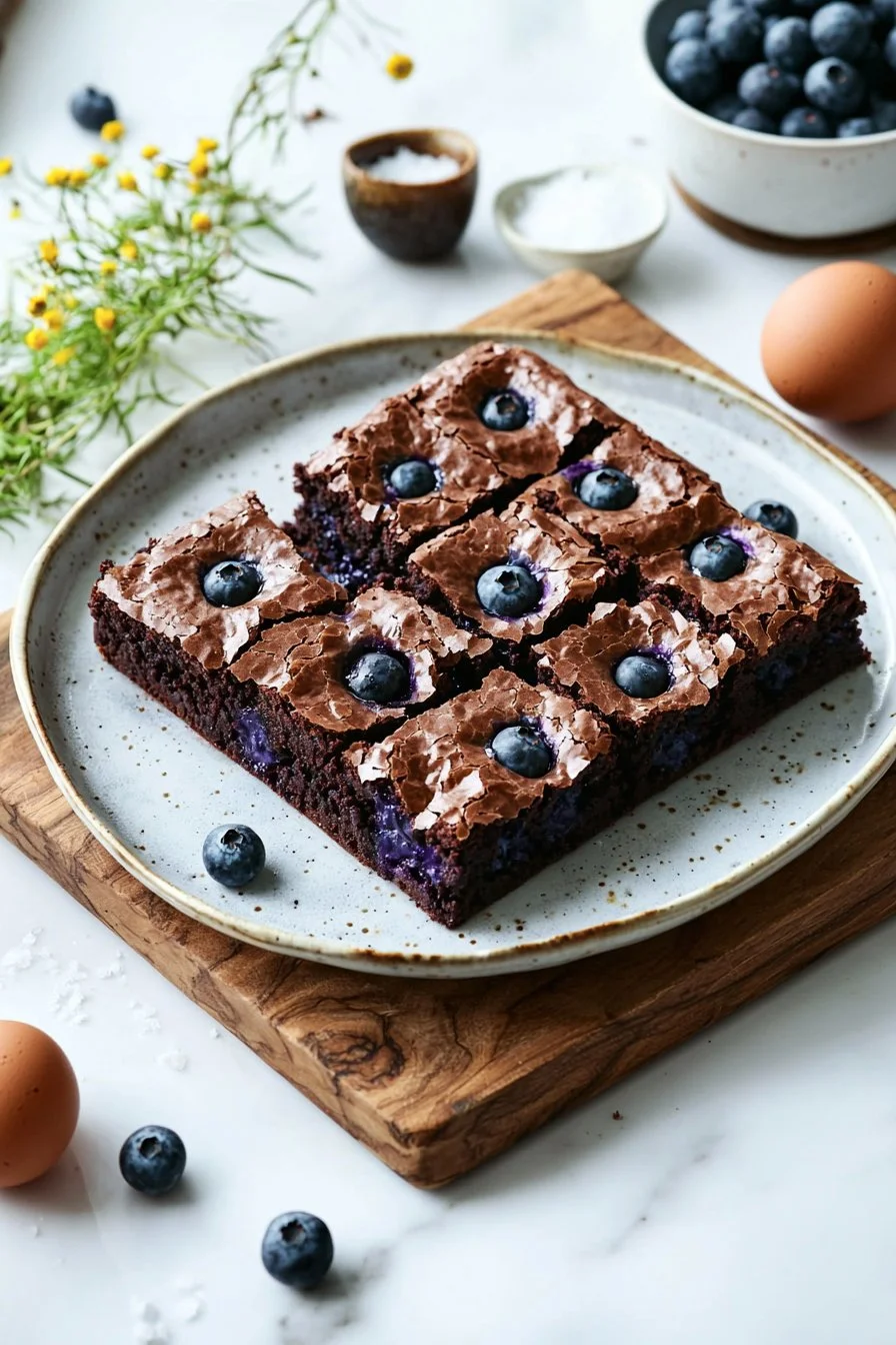 Fresh blueberry brownies topped with blueberries and chocolate