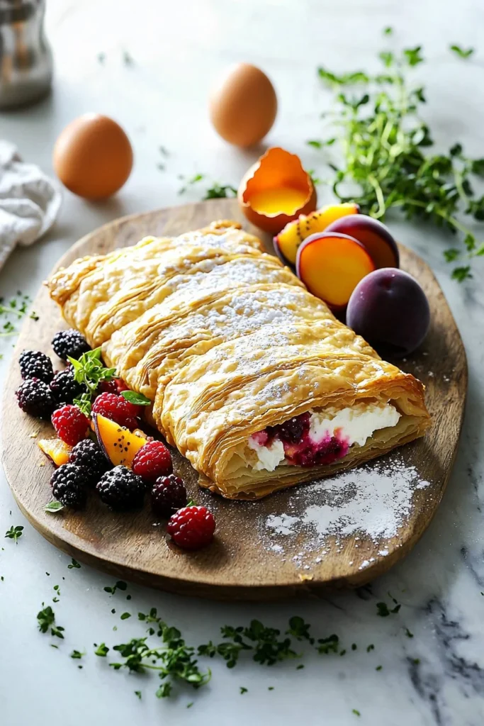 Freshly baked Fruit Danish with cream cheese filling and colorful fruit topping