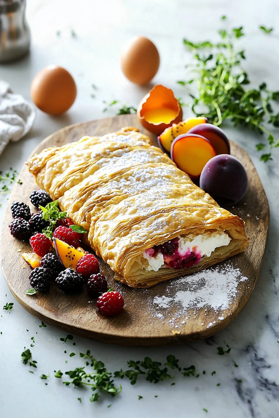 Freshly baked Fruit Danish with cream cheese filling and colorful fruit topping