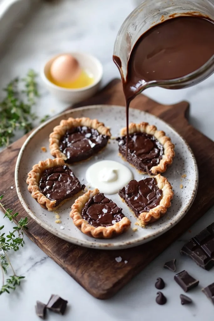 Delicious fudge chocolate pastry tarts topped with chocolate ganache.