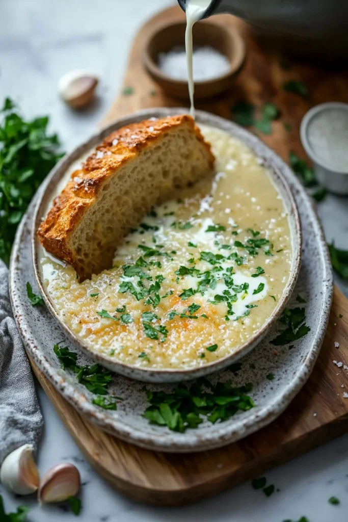 Bowl of Garlic Bread Soup garnished with herbs and croutons