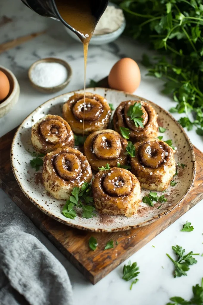 Freshly baked gluten free cinnamon roll topped with icing in a warm cozy kitchen.