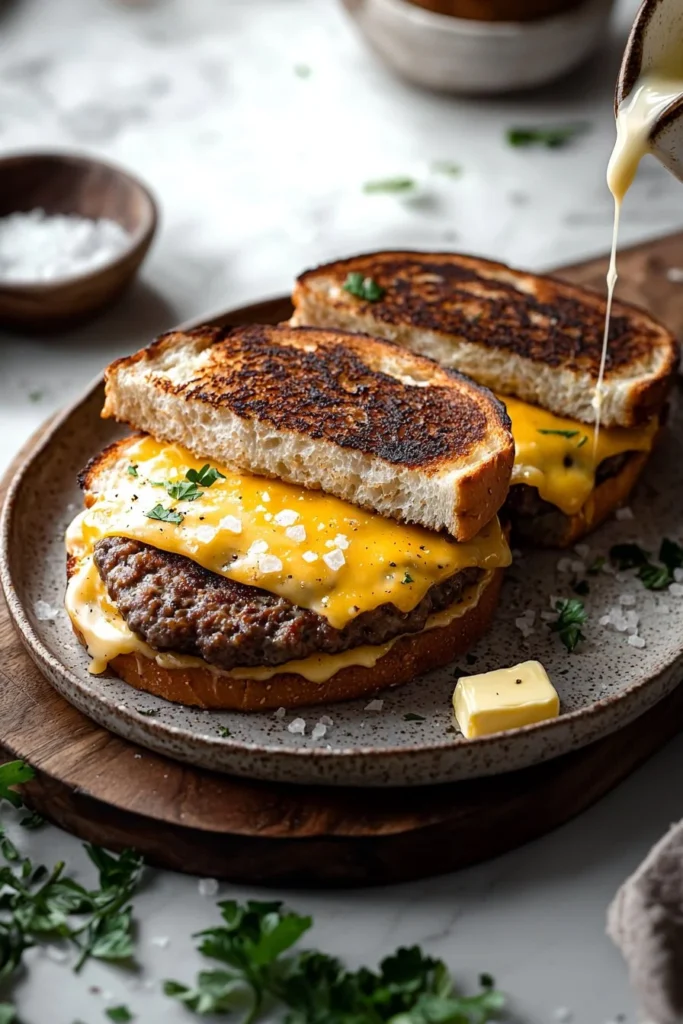 Mouthwatering grilled cheese patty melts served on a plate